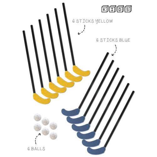 Floorball szett gyerekeknek (svéd iskolai/óvodai 18 részes Mini Kid szett 65/75 cm nyéllel 12 db ütő 6 db labdával, gyephoki)